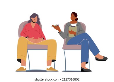 Psychological Support for Pregnant Woman in Perinatal Class, Coach and Pregnant Female Characters Sitting on Chairs Speaking and Discussing Maternity Issues. Cartoon People Vector Illustration