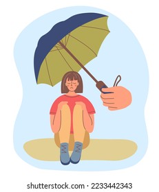 Psychological support for a sad girl. Metaphor-shelter from the rain with an umbrella.