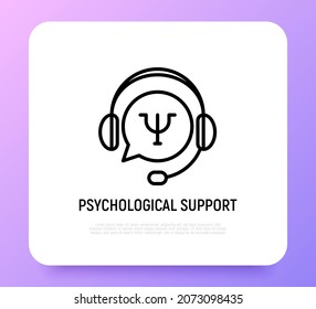 Icono de línea delgada de apoyo psicológico: auricular con burbuja de habla. Ayuda médica por teléfono. Ilustración vectorial moderna.
