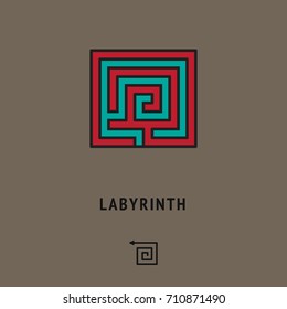 Psychological symbol with labyrinth. Game logo and different icon below. Maze card, playing cover. Philosophical illustration, mental wallpaper, fun poster, symbolic art.