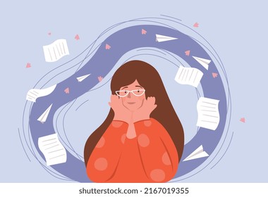 Psychological tension concept. Girl with glasses thinks about problems, mental health. Sadness and loneliness, panic and stress, pressure on student or employee. Cartoon flat vector illustration