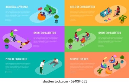 Psychological therapy concept. Coach and support group in individual during psychological therapy. Flat isometric vector illustration