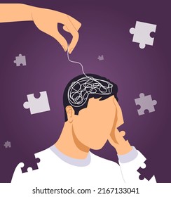 Psychological therapy concept. Hand unwinds ball in head of man without separate elements. Metaphor of mental health and problems. Depression and frustration. Cartoon flat vector illustration