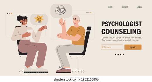 Psychological Therapy Counseling Or Online Consultaion Concept Banner. Psycologist Provide Professional Help To Depressed Person Or Resolve Physical, Emotional And Mental Health Issues And Crises. 