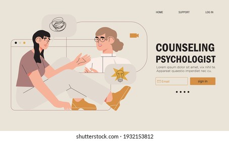 Psychological Therapy Counseling Or Online Consultaion Concept Banner. Psycologist Provide Professional Help To Depressed Person Or Resolve Physical, Emotional And Mental Health Issues And Crises. 