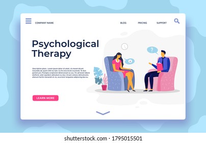 Psychological therapy landing page. Therapy page landing, depression character and psychotherapist support, vector illustration