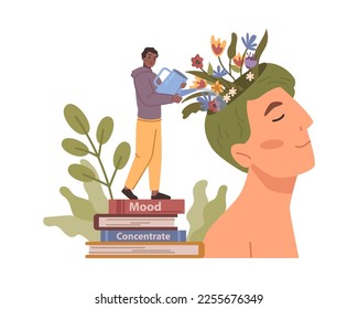 Psychological therapy for mental health and balance. Nurturing positive thoughts and self esteem, soundness and care for mind and body. Vector in flat style