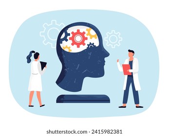 Psychological therapy, mental illness or mind care. Scientists observing head with cogwheels. Human brain mechanism. Female and male doctors in uniform doing experiments vector illustration