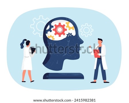 Psychological therapy, mental illness or mind care. Scientists observing head with cogwheels. Human brain mechanism. Female and male doctors in uniform doing experiments vector illustration