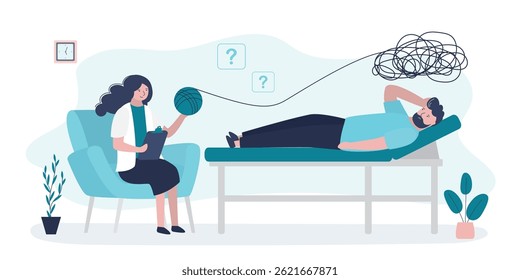 Sessão de terapia psicológica. Psicóloga ajuda a desembaraçar caos mental bagunçado em mente. Psicoterapeuta feminina tem uma sessão individual com seu paciente masculino. Trabalhando com sentimentos e emoções. vetor