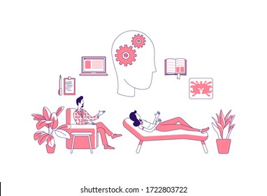Psychological therapy thin line concept vector illustration. Psychologist and patient 2D cartoon characters for web design. Psychoanalysis, consultation, depression treatment creative idea