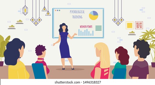 Psychological Training for Women Trendy Flat Vector Concept with Female Trainer, Psychology Expert, Feminism Activist Presenting Ideas, Conducting Lecture or Seminar for Female Audience Illustration