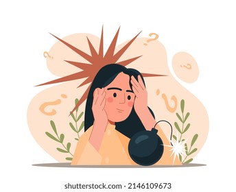 Psychological Trauma Concept. Girl With Bomb, Stress And Panic. Mental Problems, Depression. Bad Experiences And Subconscious Fears. Person With Emotional Burnout. Cartoon Flat Vector Illustration