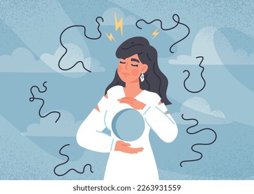 Psychological trauma concept. Young sad girl with hole in her chest. Depression and frustration, negative emotions. Loss and loneliness, grief. Cartoon flat vector illustration