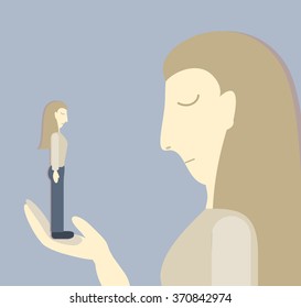 Psychological vector illustration. Sad girl holding in the hand itself. Depression. Small self esteem vector illustration