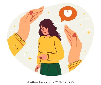 Concepto de bienestar psicológico. Chica joven con las manos grandes. Apoyo y cuidado de la salud mental. Conciencia y conciencia plena. Ilustración plana del vector de la historieta aislada sobre fondo blanco