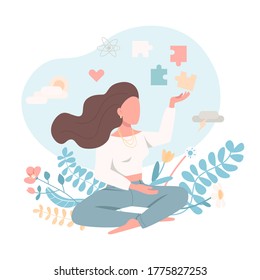 Psychologically Healthy Female Flat Color Vector Faceless Character. Emotional Wellbeing. Peace Of Mind. Mental Health Isolated Cartoon Illustration For Web Graphic Design And Animation