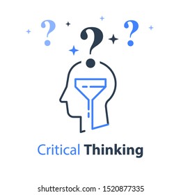 Psychologist advice, psychological test, head and funnel, questioning mind, psychotherapy course, mental problem solving, cognitive development, self understanding, vector line icon