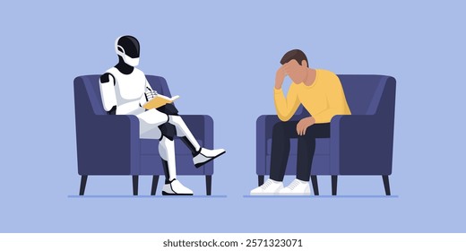 Psychologist AI humanoid robot talking with a sad depressed patient, artificial intelligence and psychology concept