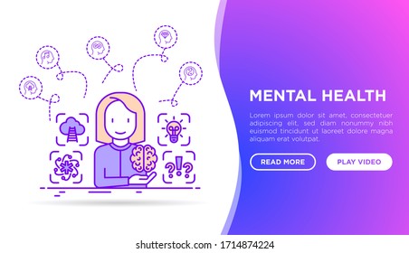 Psychologist analyzes mental health web page template. Thin line icons: negative thinking, emotional reasoning, logical plan, obsession, brilliant thought, self identity. Modern vector illustration.