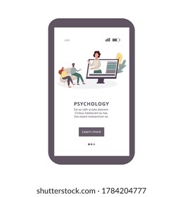 Psychologist App On Phone Screen With Online Therapist And Couple Counseling Therapy Session. Onboarding Banner For Psychology Application, Isolated Vector Illustration.