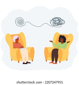 Psychologist Appointment In Cartoon Flat Style. Concept Of Mental Health. Vector Illustration Of Doctor Counseling Patient. Two Black Women Talking, Psychology Consultation.