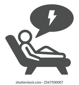 Psychologist bed with human solid icon, family psychology concept. Vector graphics. Man on couch with problem bubble sign on white background, glyph style icon for mobile or web design