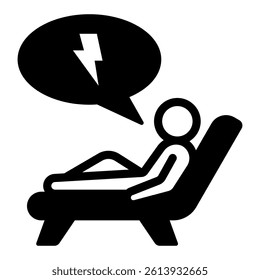 Psychologist bed with human solid icon, family psychology concept. Vector graphics. Man on couch with problem, talk sign on white background, glyph style mobile or design