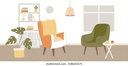 Psychologist cabinet, cozy room with two comfy chairs, paper tissues, bookcase and monstera homeplant. Horizontal vector illustration.