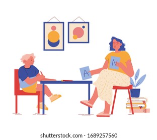 Psychologist Character Show Abc Cards During Therapy Session with Child with Autism Disorder. Education and Learning Process, Patient and Therapist Communication. Cartoon People Vector Illustration