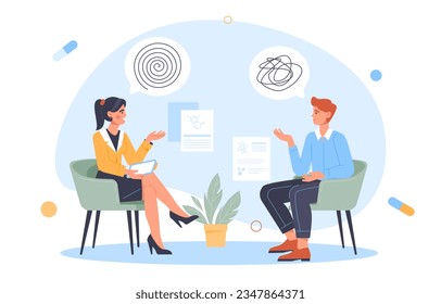 Psychologist with client concept. Man answers womans questions. Mental health and psychological support, awareness. Counseling and therapy. Frustration and depression. Cartoon flat vector illustration