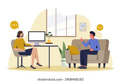 Psychologist with client concept. Man and woman discuss together. Consultation and advice from doctor. Mental health and support. Care about psychology. Cartoon flat vector illustration