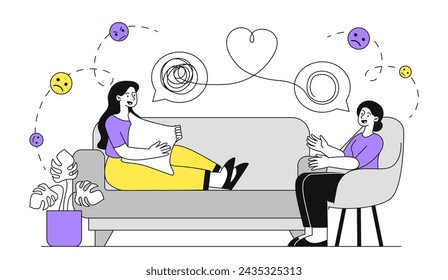 Psychologist with client doodle. Psychological support and treatment. Consultation and advices. Tangled young girl. Simple flat vector illustration isolated on white background