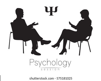 The psychologist and the client. Psychotherapy. Psycho therapeutic session. Psychological counseling. Man woman talking while sitting.Silhouette. Black profile. Therapist Logotype