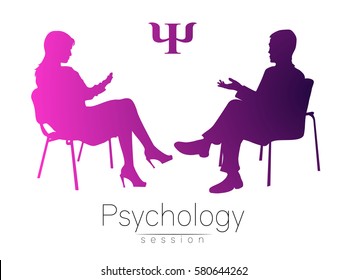 The psychologist and the client. Psychotherapy. Psycho therapeutic session. Psychological counseling. Man woman talking while sitting. Pink violet gradient color. 