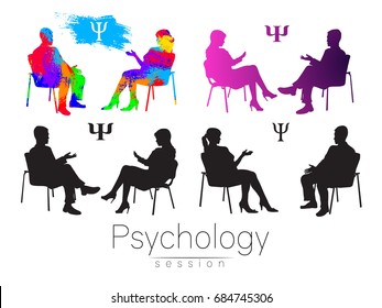 The psychologist and the client. Psychotherapy. Psycho therapeutic session. Psychological counseling. Man woman talking while sitting.Silhouette. profile. Modern symbol logo. Design concept sign