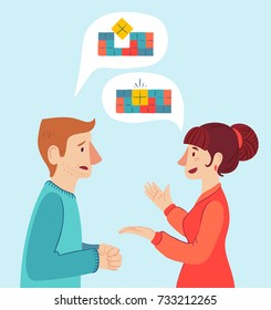 The psychologist and the client. Psychotherapy. Vector illustration. Man and woman talking to find the solution.