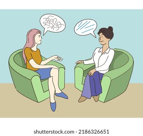 Psychologist and client are speaking.  They sit in armchairs. Client tells about her problems. Psycology. Mental helth. Therapy. Vector illustration. Therhapist appointment.