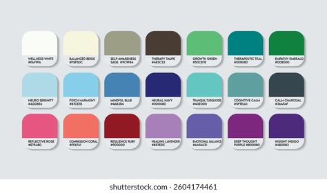Psychologist Color Guide Palette with Color Names. Catalog Sample of Psychologist with RGB HEX codes and Names. Construction sector Color Palette, plastic, metal, Strong stone, Trend Color Palette