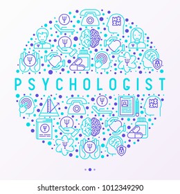 Psychologist concept in circle with thin line icons: psychiatrist, disease history, armchair, pendulum, antidepressants, psychological support. Vector illustration for banner, web page, print media.