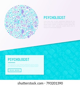 Psychologist concept in circle with thin line icons: psychiatrist, disease history, armchair, pendulum, antidepressants, psychological support. Vector illustration for banner, web page, print media.