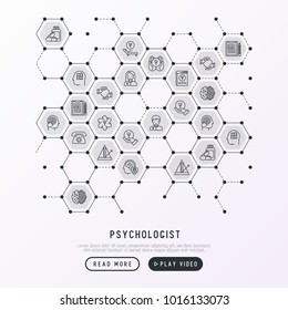 Psychologist concept in honeycombs with thin line icons: psychiatrist, disease history, armchair, pendulum, antidepressants, psychological support. Vector illustration for banner, web page.