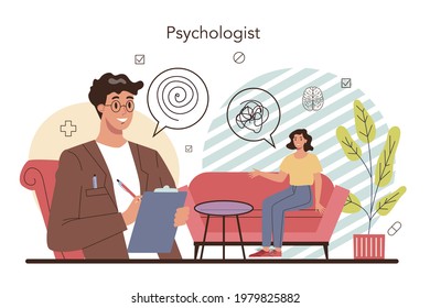 Psychologist concept. Mental health diagnostic. Doctor treating human mind. Psychological test and help. Thoughts and emotions analysis. Vector illustration in cartoon style