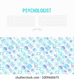 Psychologist concept with thin line icons: psychiatrist, disease history, armchair, pendulum, antidepressants, psychological support. Vector illustration for banner, web page, print media.