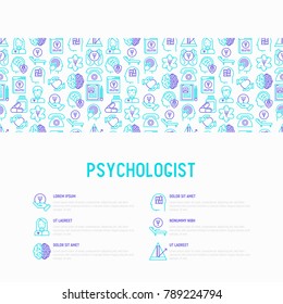 Psychologist concept with thin line icons: psychiatrist, disease history, armchair, pendulum, antidepressants, psychological support. Vector illustration for banner, web page, print media.