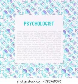Psychologist concept with thin line icons: psychiatrist, disease history, armchair, pendulum, antidepressants, psychological support. Vector illustration for banner, web page, print media.