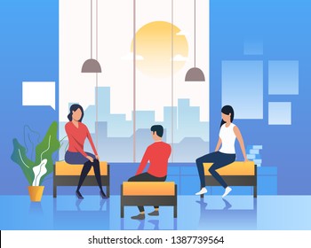 Psychologist conducting therapy with patients. Session, consultancy, counseling. Meeting concept. Vector illustration can be used for topics like business, psychology, corporate