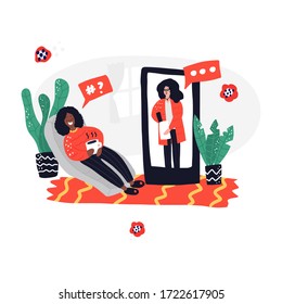 Psychologist consultation online app concept. Online psychological assistance service illustration. Woman making notes  and woman lying on sofa