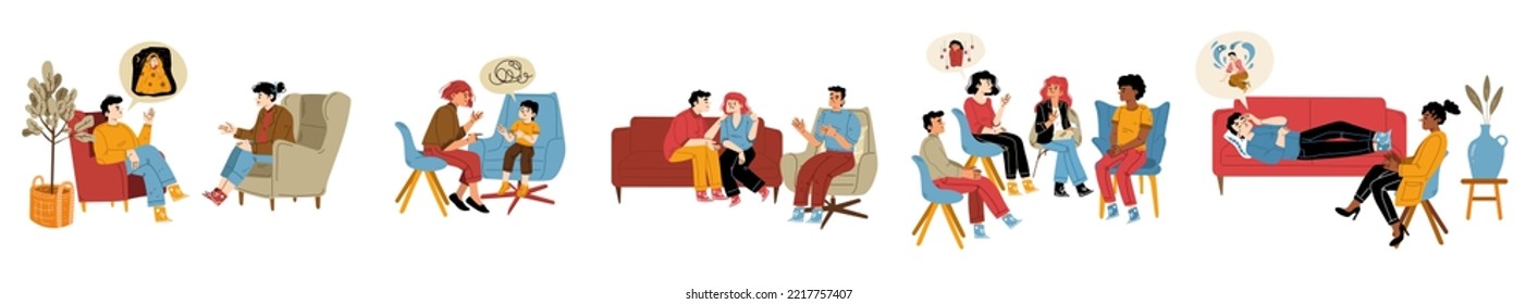 Psychologist consulting different patients, couple, kid and group of people. Professional psychology consultation, mental health concept with therapy session scenes, vector hand drawn illustration