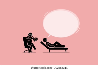 Psychologist Consulting and Listening to a Patient Mental Emotional Problem. Artwork illustration depicts psychology, psychiatric, psychotherapy, emotion and mental health. 